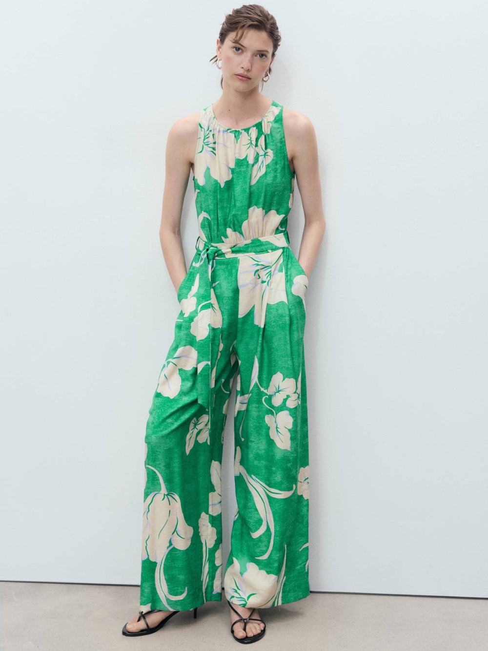 NWT Mango Green and Cream Floral Wide-Leg Jumpsuit Size Medium